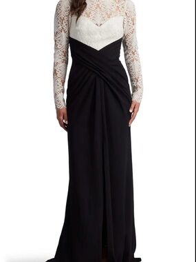 Tadashi Shoji Black and White Lace Long-Sleeve Evening Gown